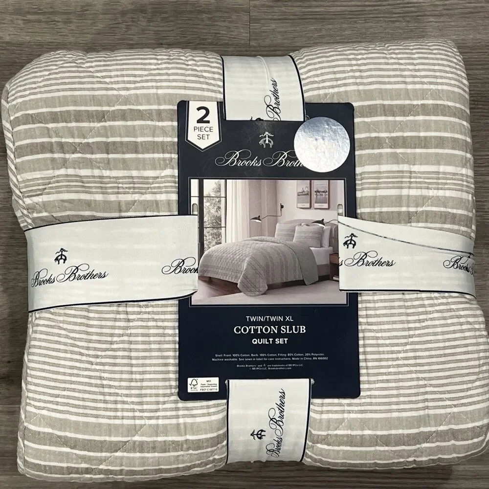 Brooks Brothers Cotton Slub Quilt Sham Set TWIN XL Green Stripes Diamond Stitch